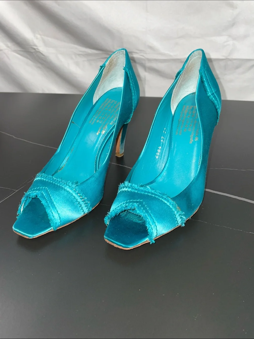 PEDRO GARCIA TEAL SATIN FRAYED PEEP TOE HEELS FTL-08-201